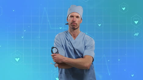 animation von medizinischen ikonen mit einem kaukasischen männlichen arzt auf blauem hintergrund