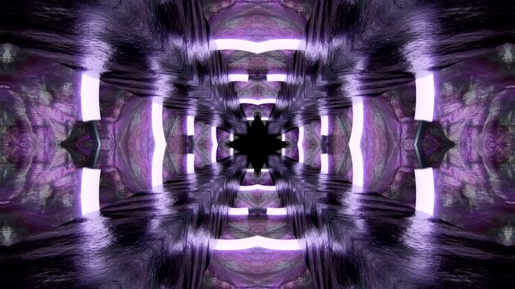 Looped Abstract neon ornate decorative background. 3D Kaleidoscope or mandala.