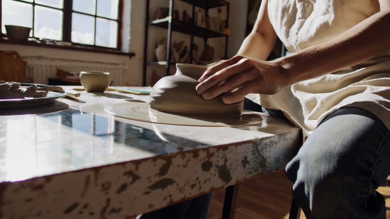 Donna che modella l'argilla su una ruota di ceramica