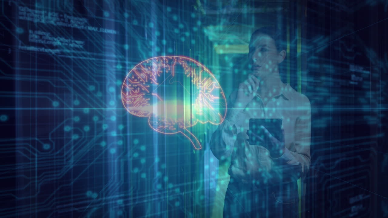 Animation of data processing and digital brain over caucasian woman in server room