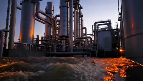 oil refinery at sunset by water