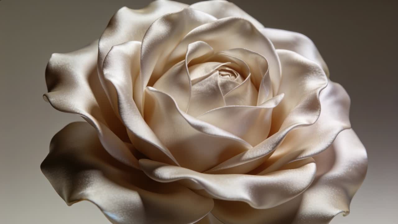 La telecamera si allontana rivelando un singolo bocciolo di rosa color crema in studio, mostrando i riflessi satinati dei petali.