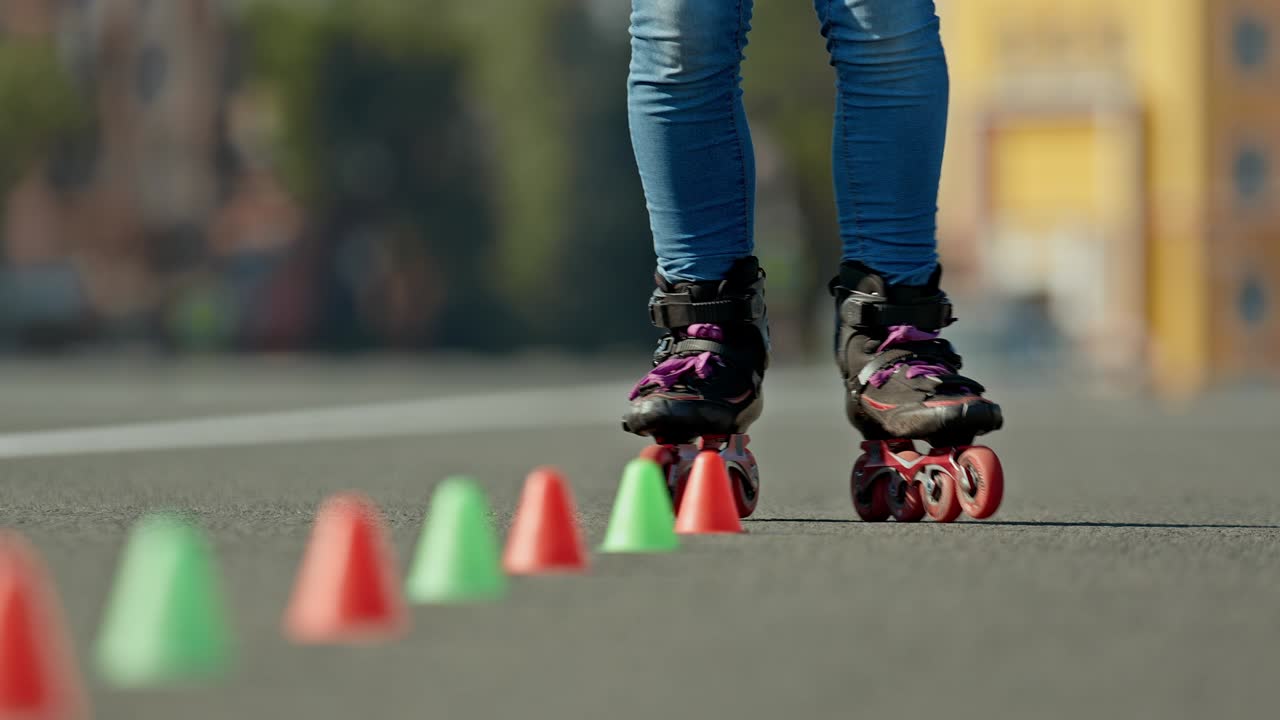 Roller legs make elements of criss-cross, roller skating slalom. Professional roller coaching, сlose-up. 4k, 10bit, ProRes