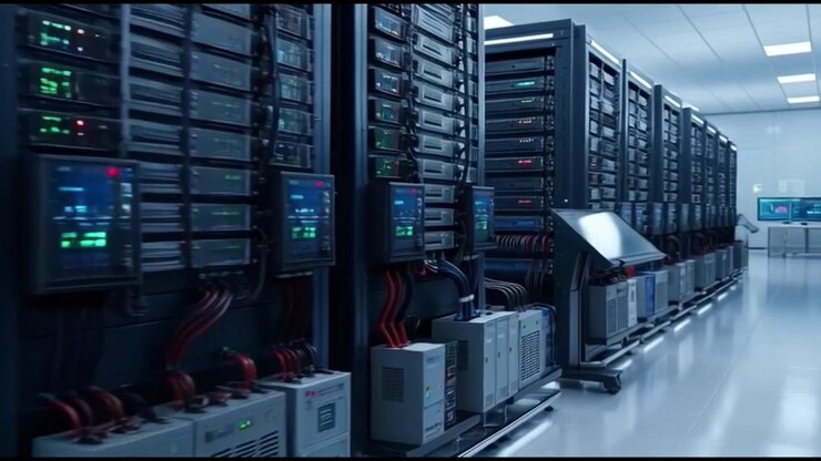 Modern Data Center Server Room with Glowing Equipment