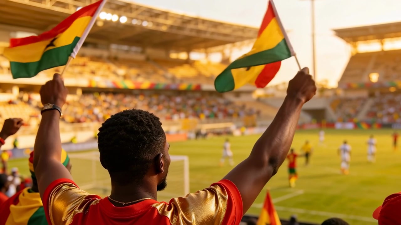 Torcedor acenando, erguendo duas bandeiras nacionais no estádio enquanto a jogada se aproxima do gol, vestindo camisa vermelho-dourada