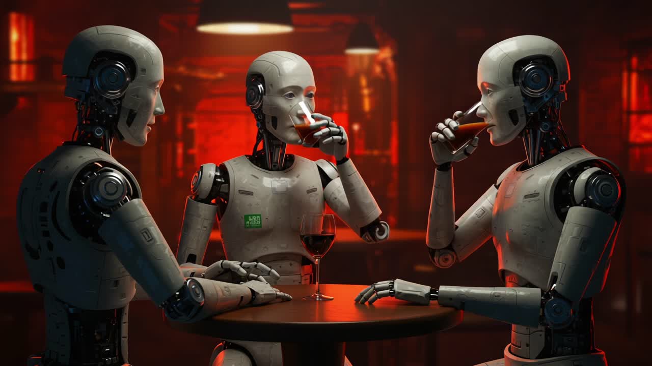 A Trio of Robots Engaging in Lively Conversation Over Drinks in a Futuristic Bar Setting, Showcasing Advanced AI Interaction and Social Dynamics