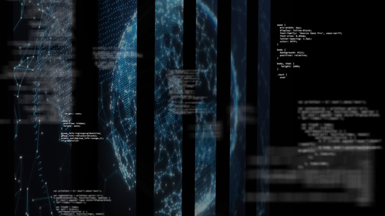 Animation of data processing and globe on black background