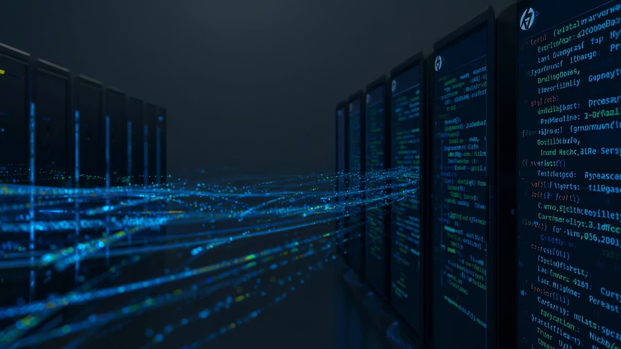 Appearing particles merging into streaming ribbons through server racks, with racks scrolling code