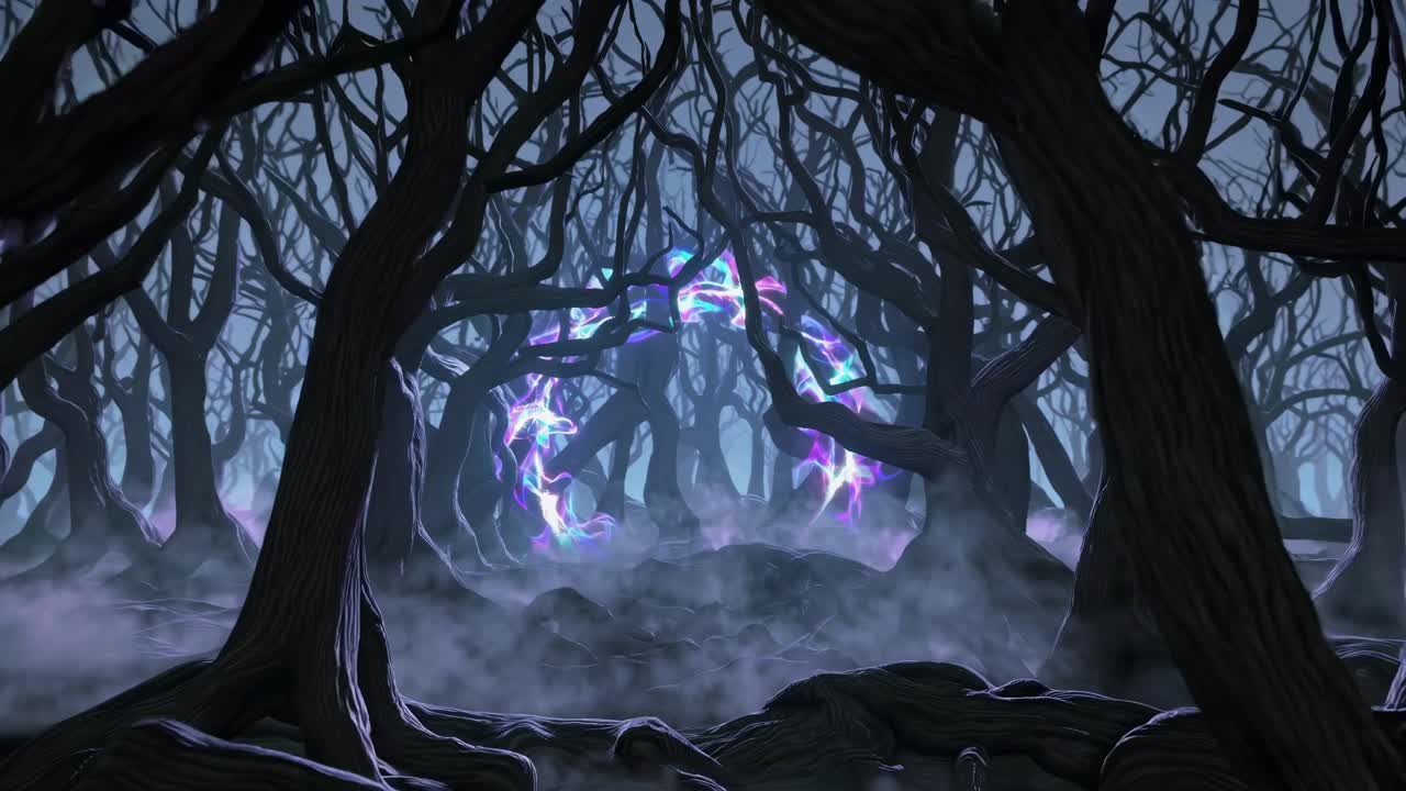 A mystical forest scene with twisted trees and glowing portal