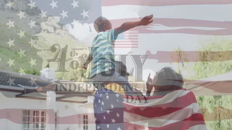 animation of american flag and independence day text over african american family smiling