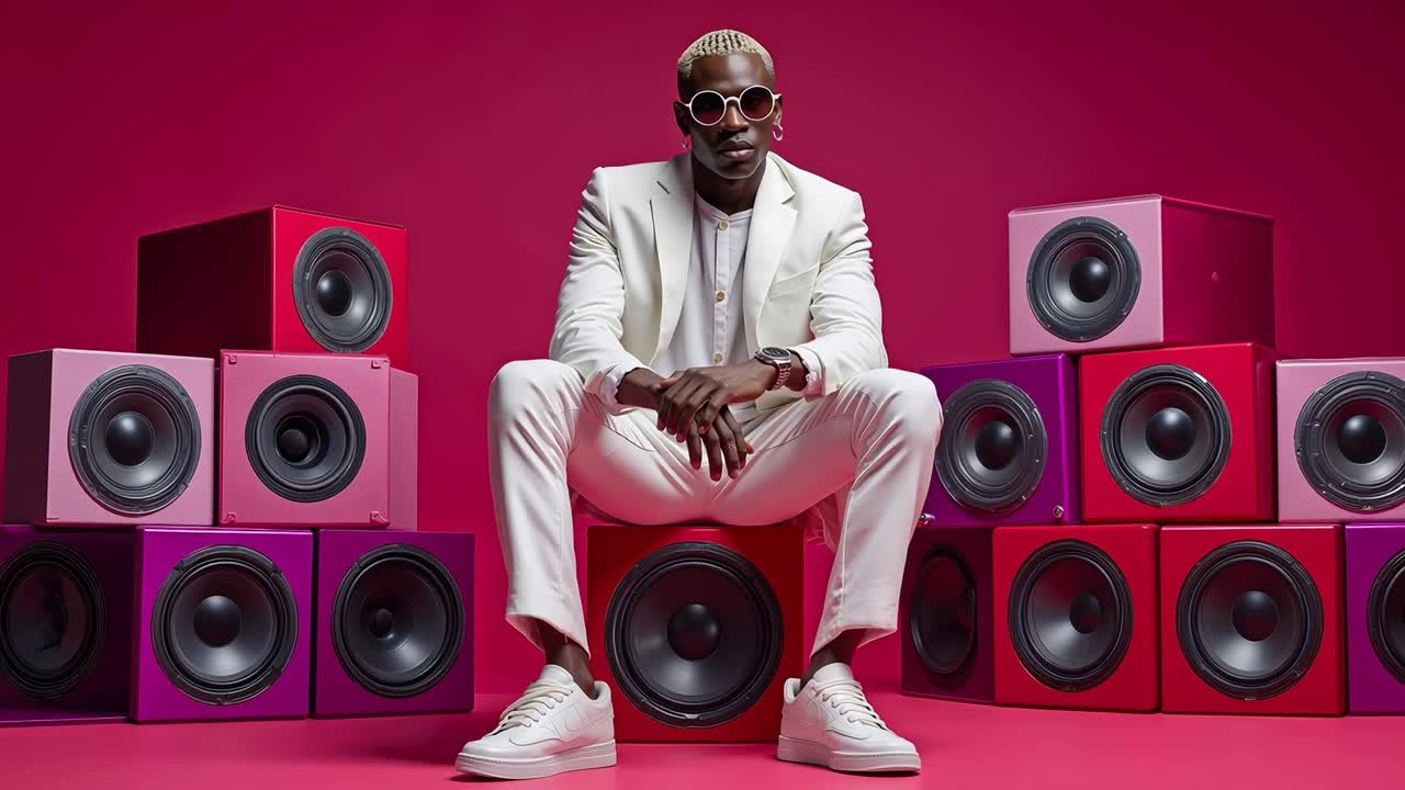 A man in a white suit sitting on top of a pile of speakers
