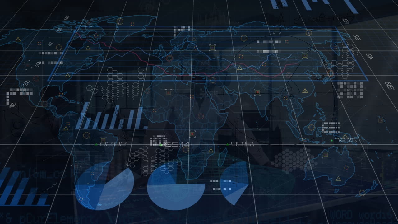 Animation of world map with data processing over caucasian businessman using vr headset