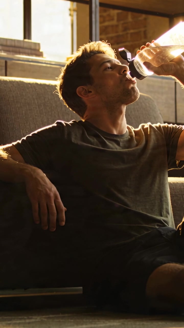 Vertical video: Drinking from sports bottle, man in dark tee and shorts on floor at home for thirst