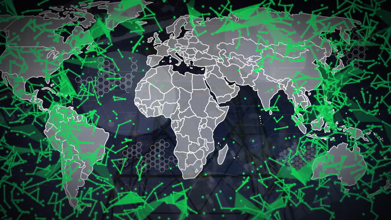 animación de la red de conexiones y procesamiento de datos en los continentes sobre fondo negro