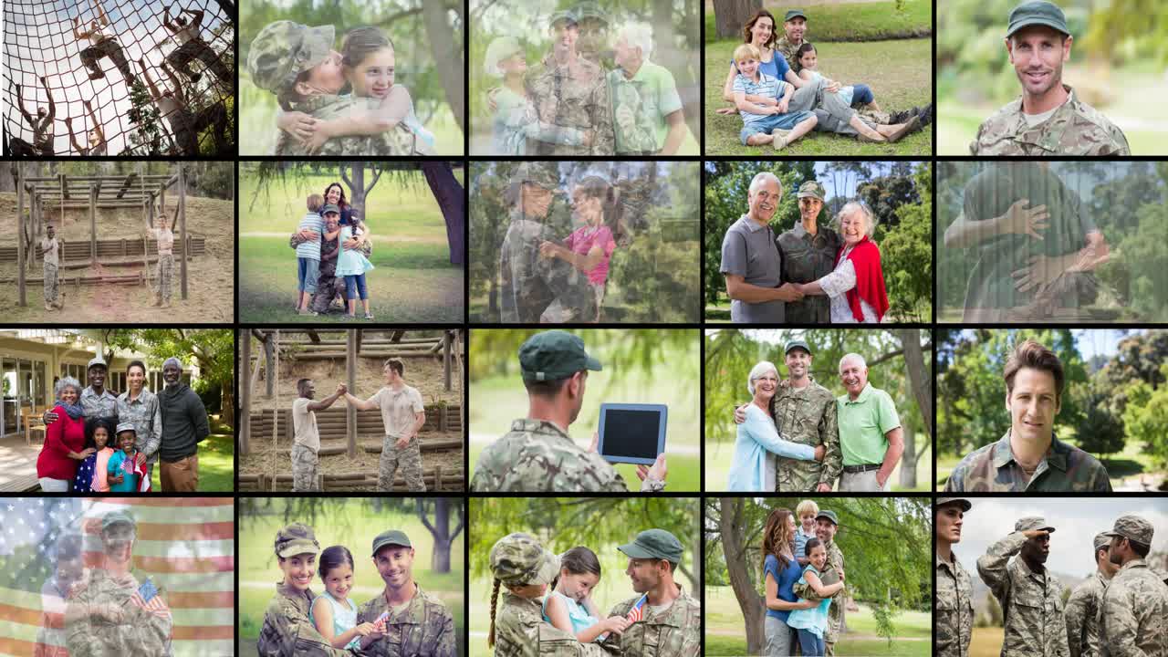 가족을 가진 다양한 남성과 여성 군인들의 애니메이션