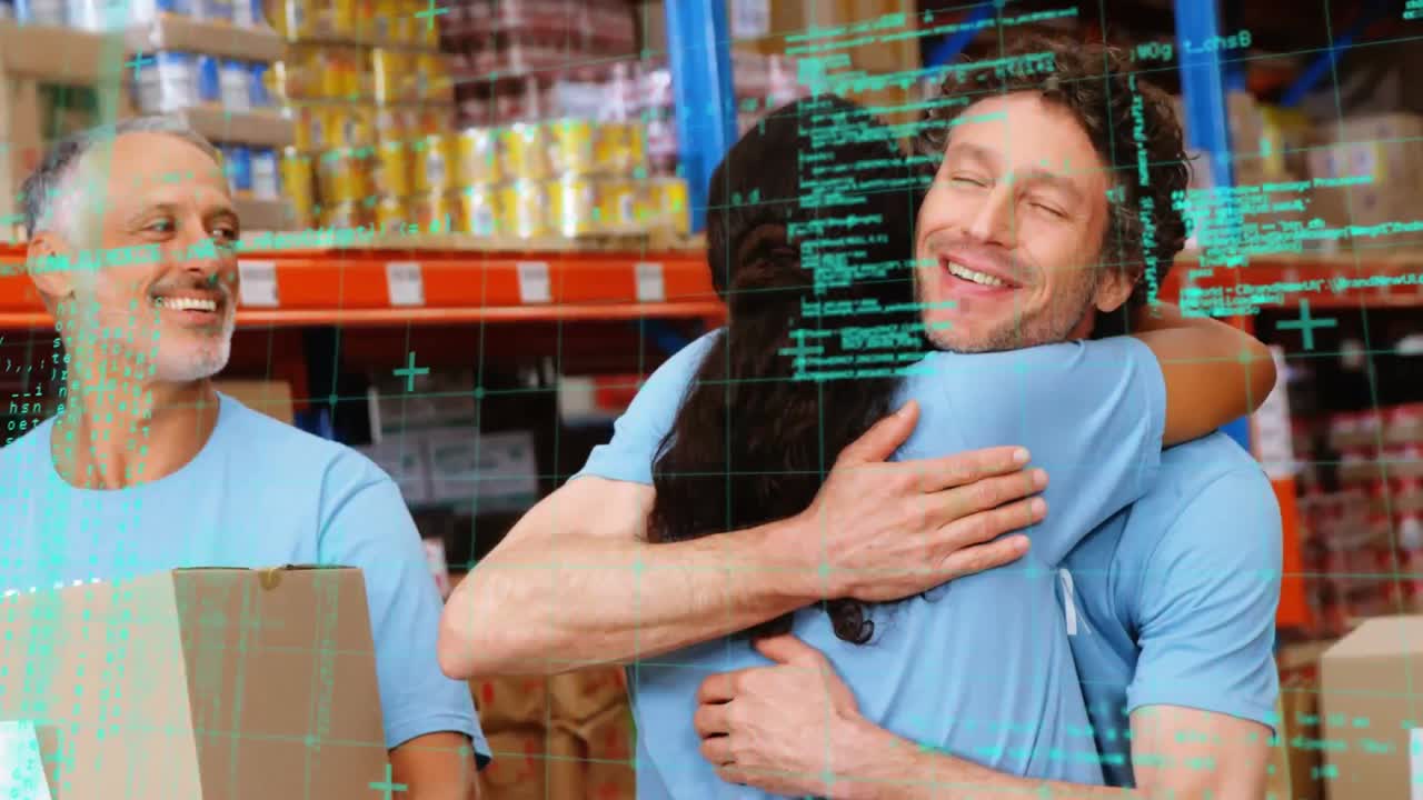 animación del procesamiento de datos sobre diversas personas que trabajan en el almacén