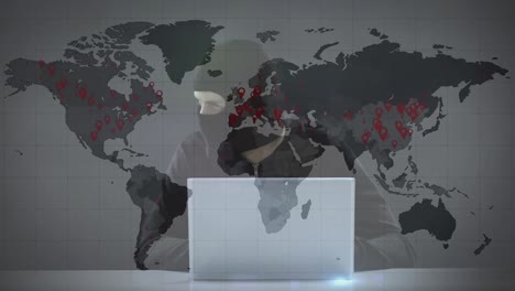 animation of world map over hacker with laptop