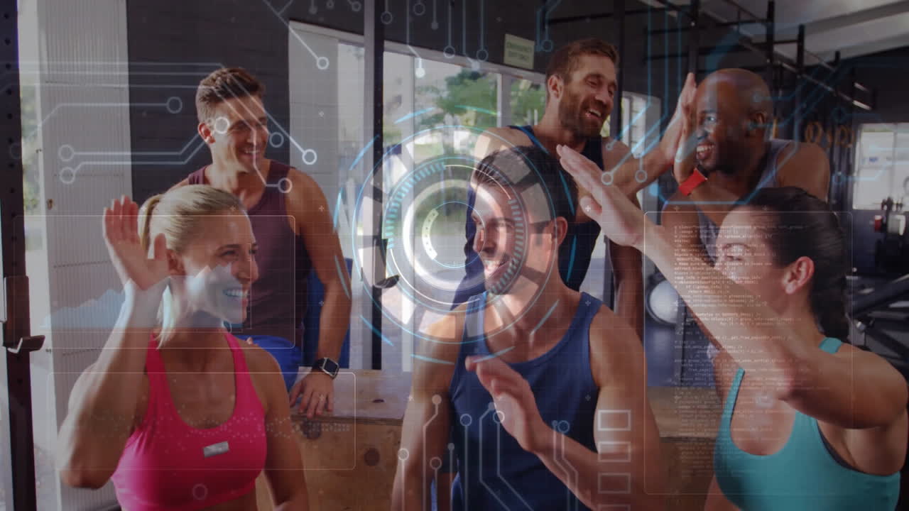 Using animation, diverse friends interacting with digital interface at gym