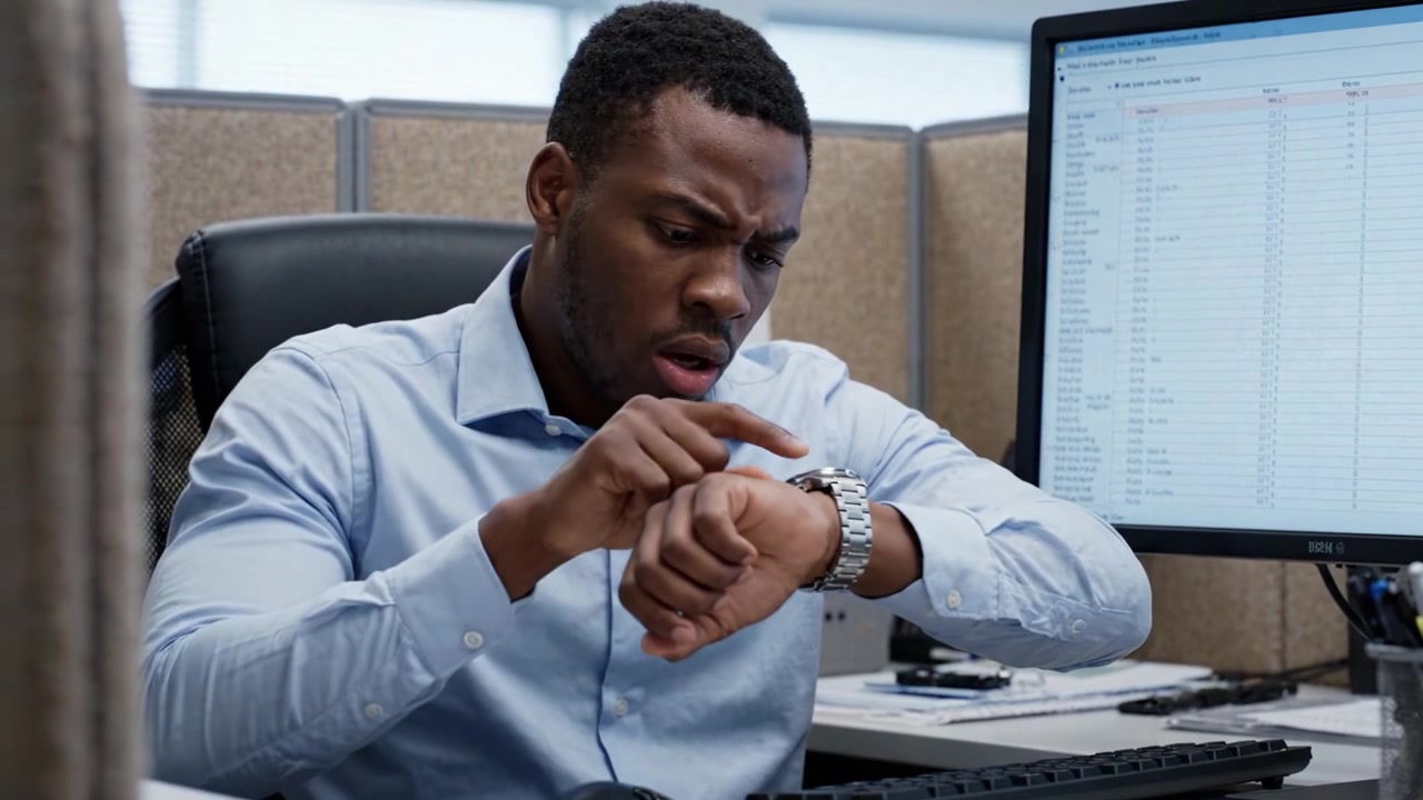 Focused Individual Analyzing Data in an Office Environment, Captured in Two Frames Highlighting Concentration and Professionalism