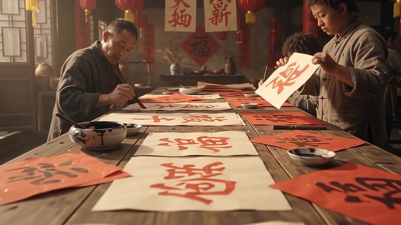 Elderly Man and Children Practicing Chinese Calligraphy for Lunar New Year