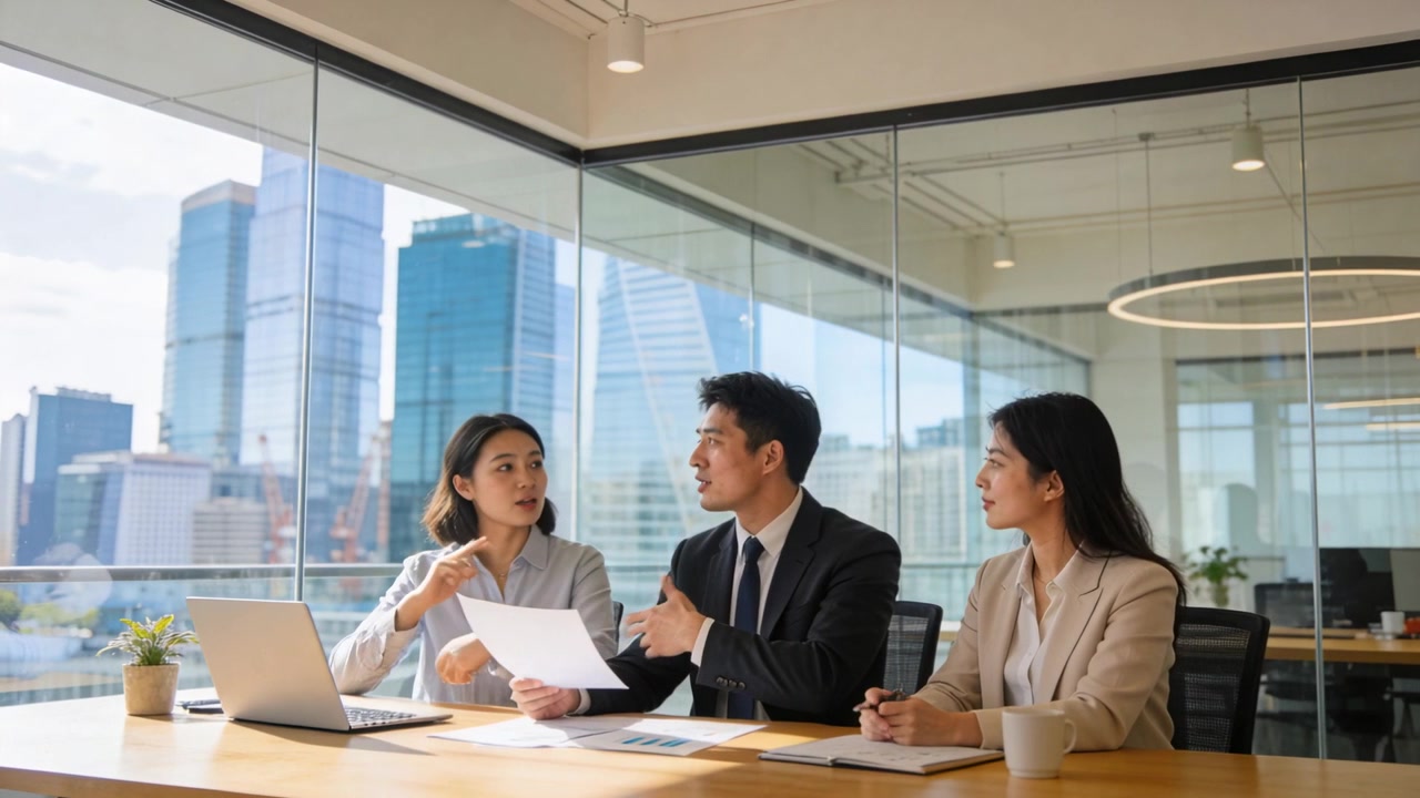 役員会議室で、スーツ姿の中央の男性が身を乗り出して決定のための報告書を提示しており、チームはメモを取っている。