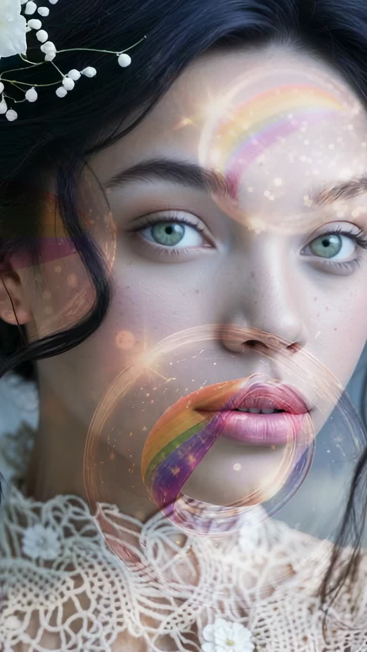 Vertical video: Activating model showing rainbow, glitter and planet orb on face in grey room