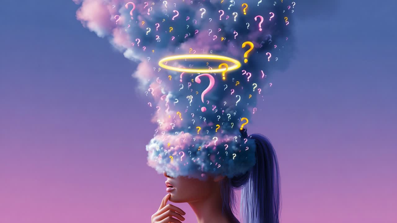 A contemplative figure is immersed in a cloud of colorful question marks, symbolizing deep thoughts, curiosity, and introspection in a surreal dreamlike scene against a vibrant gradient backdrop