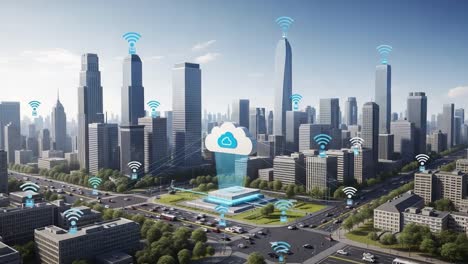a futuristic cityscape with cloud computing and wireless connectivity infrastructure showcasing advanced urban technology in a modern metropolis