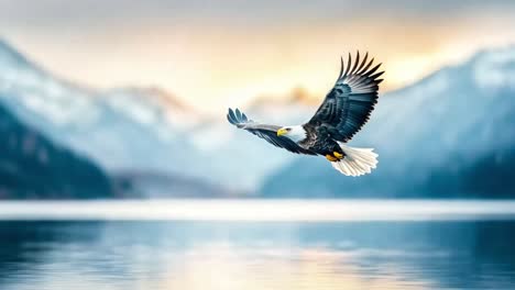 bald eagle in flight over mountain lake