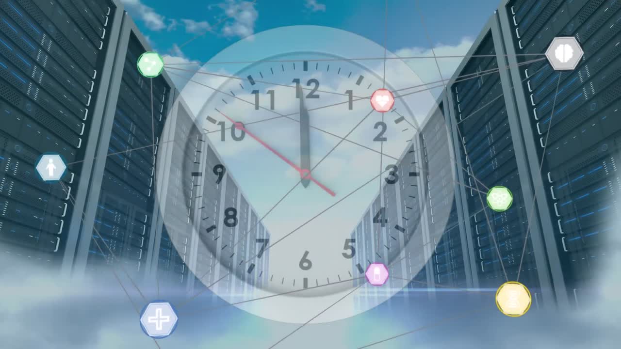 연결 아이콘의 웹과 높은 건물에 대항하는 시계 틱