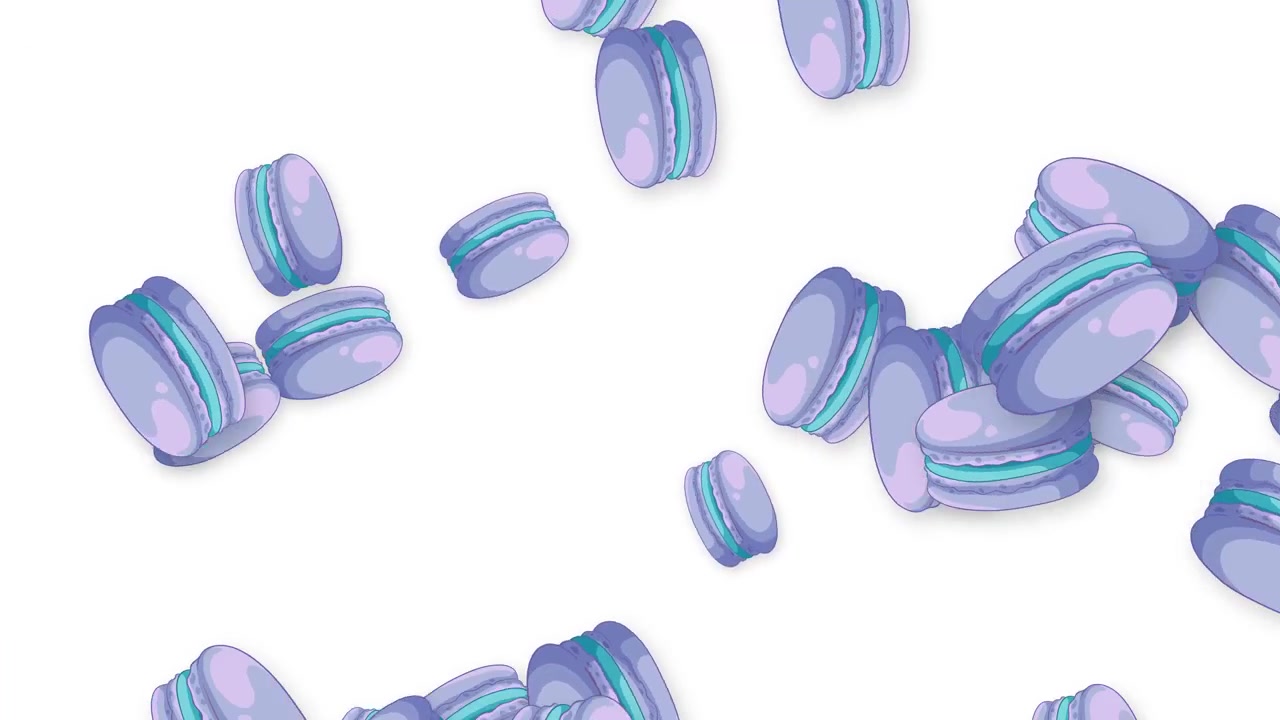 Purple French macarons fall and float across a white background in a playful 2D animation.