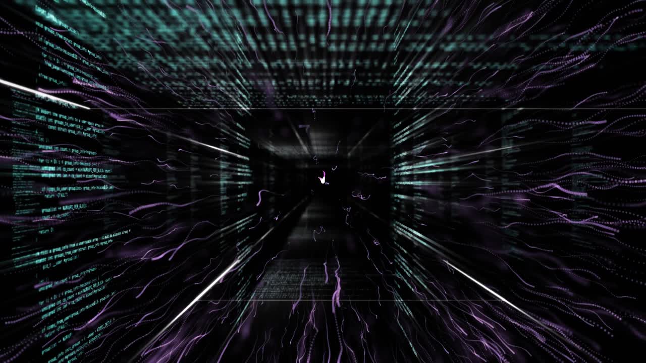 Animation of data processing and light trails over black background