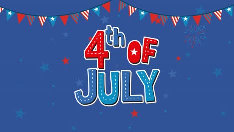 animated celebration of independence day with colorful fireworks and festive banners against a blue backdrop