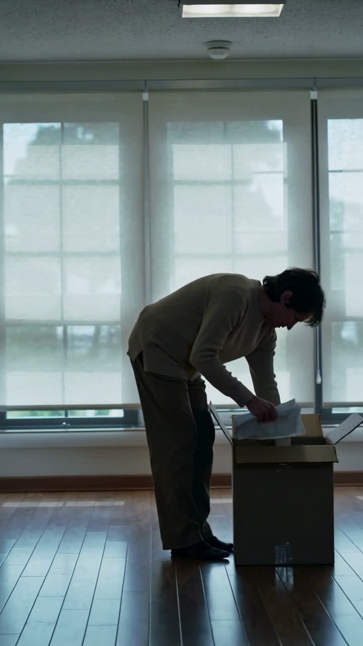 Vertical video: Leaning man in sweater sorting papers from box at home by roller shades, copy space
