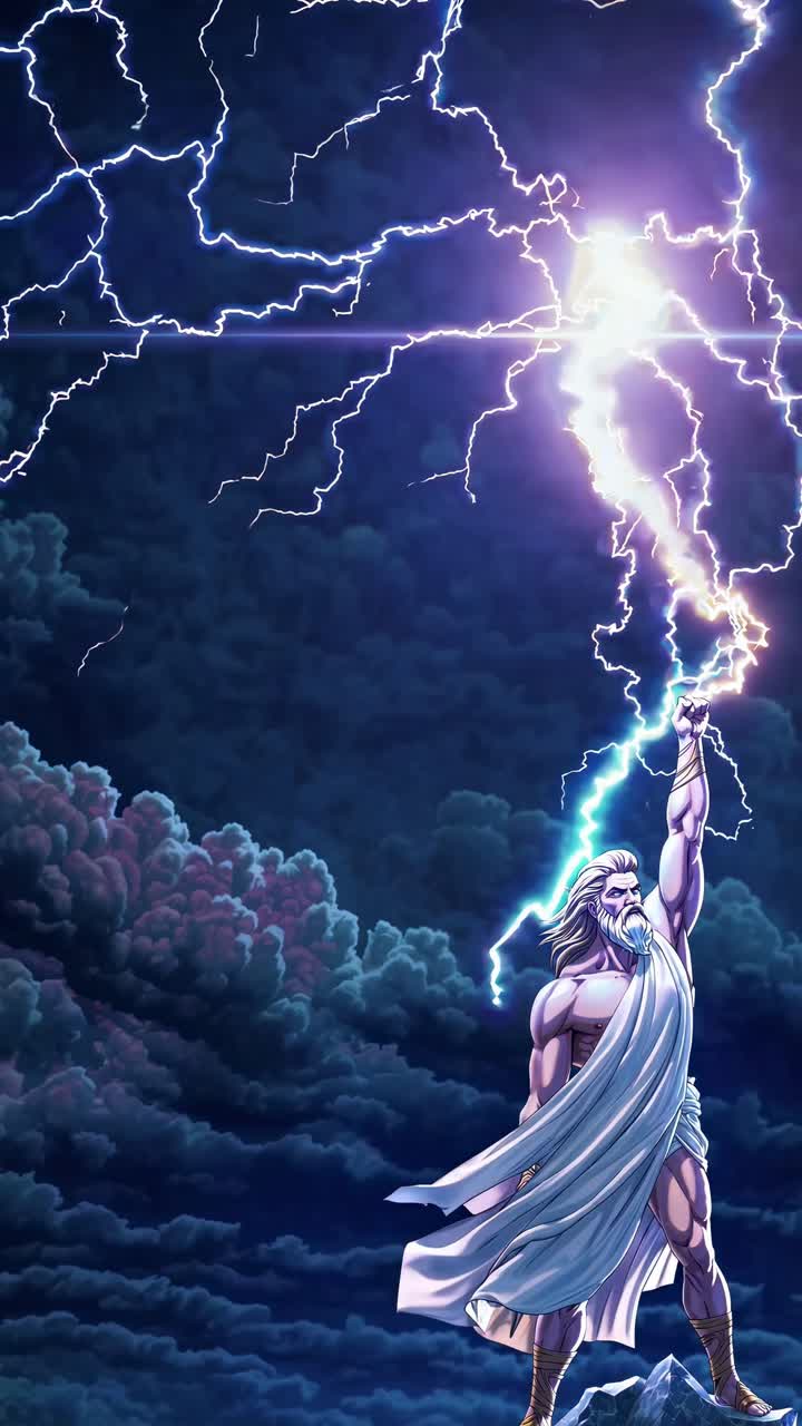 Dynamic low-angle shot of a mythical figure wielding lightning, set against a stormy sky