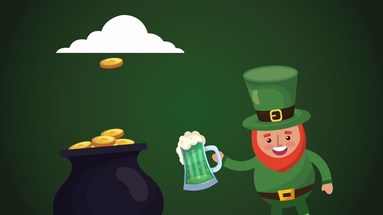 Animert kort til St. Patricks dag med alv og skattegryte