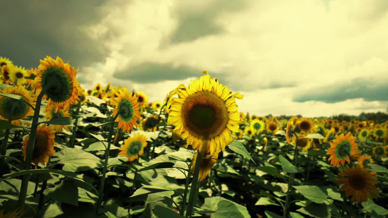 Vibrant sunflower field under a dramatic sky in late afternoon light