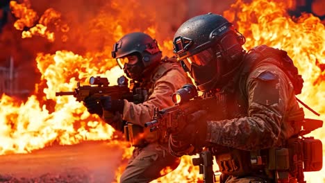 a group of soldiers in camouflage with rifles in front of a fire