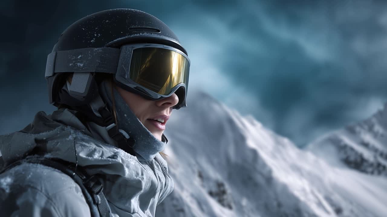Cold mountain air. Snowy peak looms. Skier gazes ahead, determined. Goggles reflect the sky. Misty clouds swirl around. Perfect for winter sports or adventure scenes