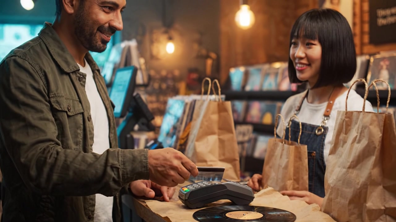 Um Jovem e uma Mulher Realizando uma Transação de Discos de Vinil em uma Loja de Varejo, Promovendo o Prazer da Música e a Nostalgia de Colecionar Discos.