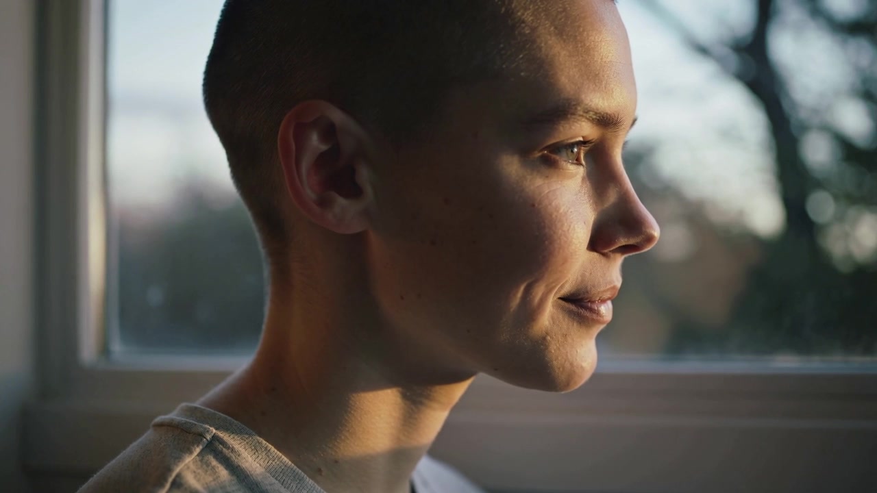 Responding to warm sun, woman turning head, blinking and smiling at window in light crewneck top