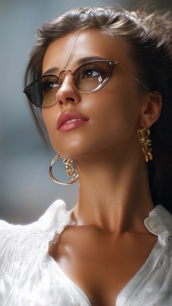 Giovane donna elegante con gli occhiali che guarda in alto in un ritratto ravvicinato.