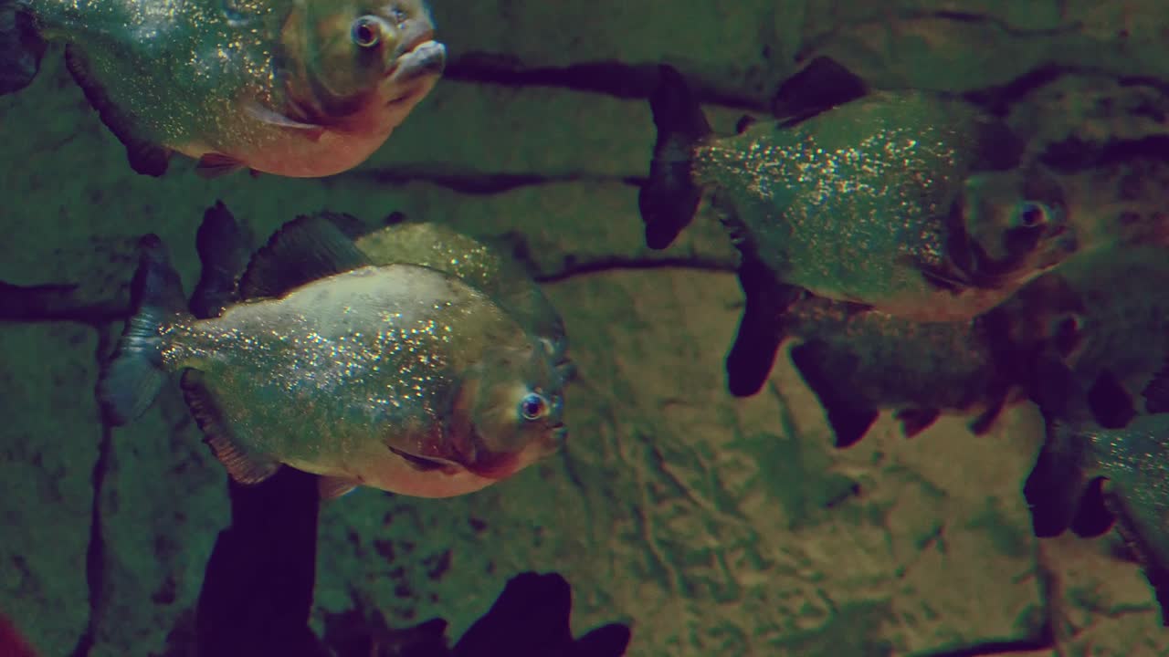 A school of red-bellied piranhas gliding together in the dark depths of their aquatic habitat. Their scales shimmer subtly, creating a mysterious and captivating scene.