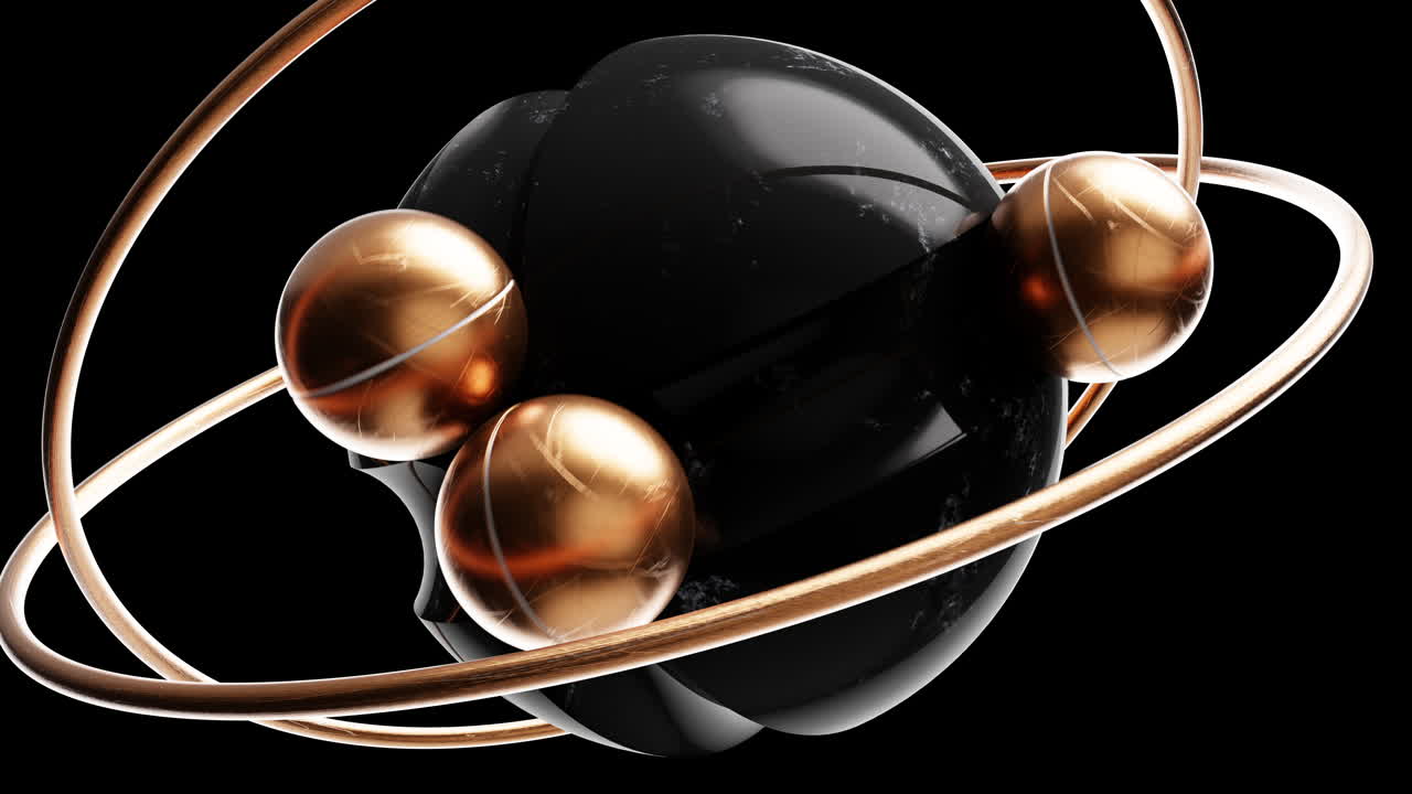 Rotating spheres and rings in darkness. 3d animation loop