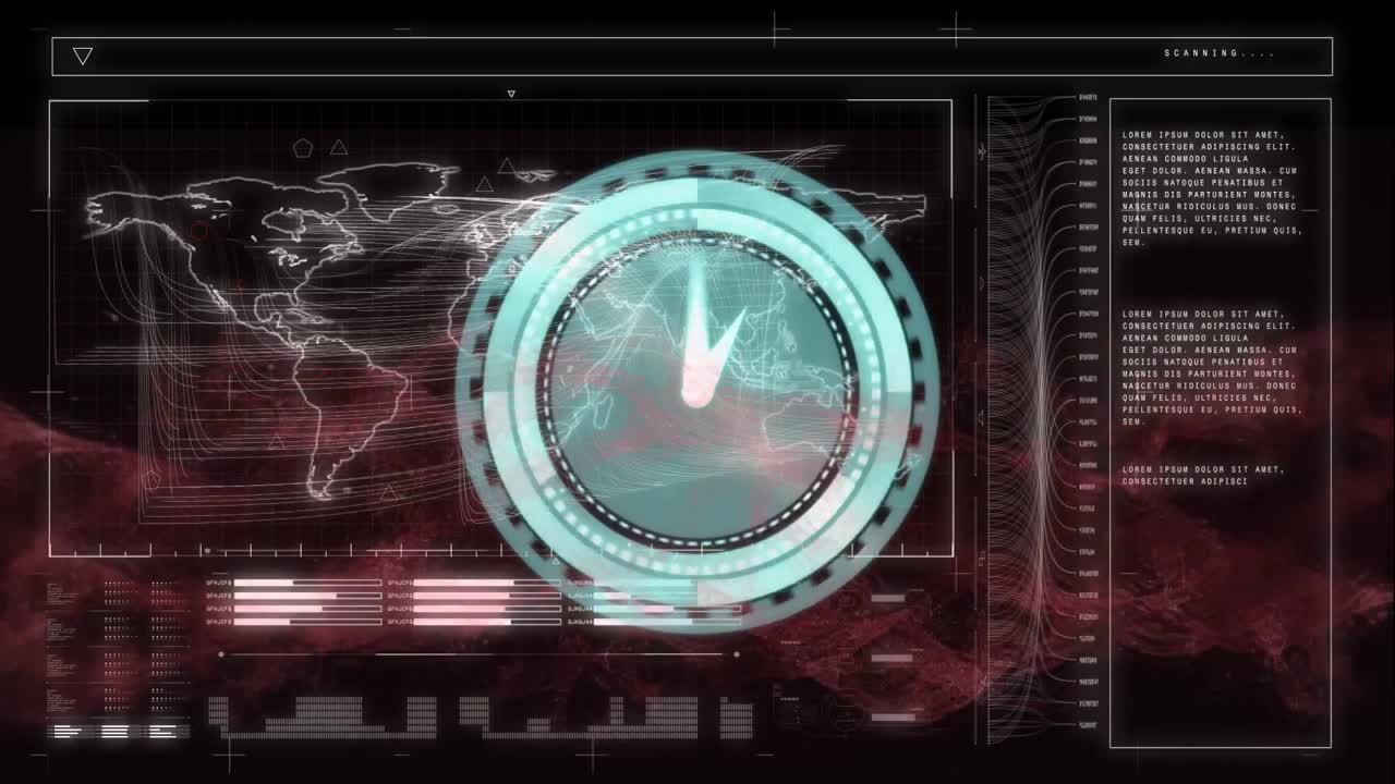Animation of clock over world map and data processing on screen