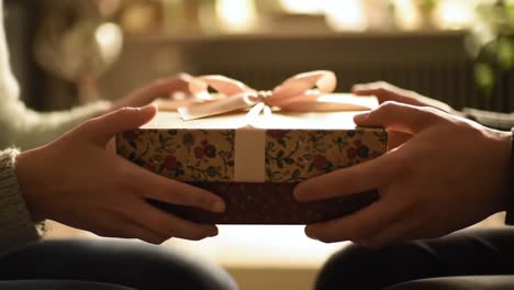 a heartwarming exchange: the joy of gift giving as two hands come together to share a beautifully wrapped present in a cozy setting
