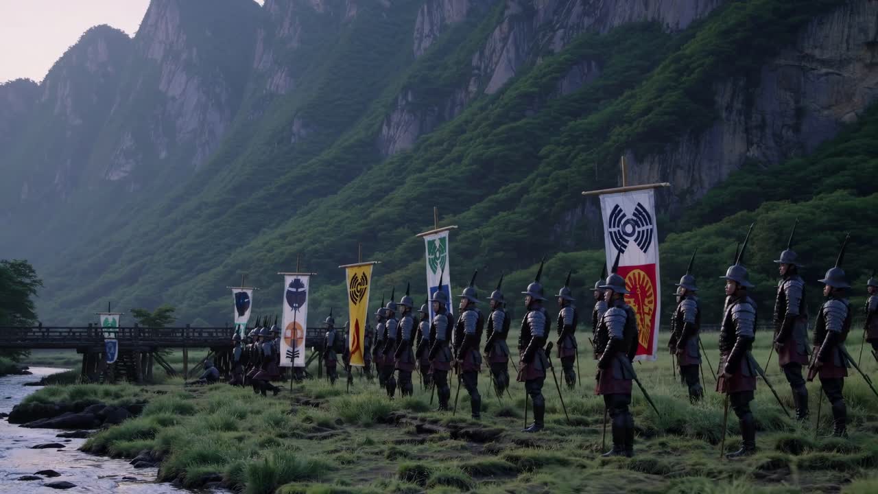 Wide-angle shot of samurai warriors in traditional armor, lined up with colorful banners