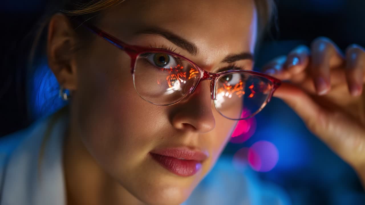 Primo piano di una donna che indossa occhiali alla moda, profondamente assorta nei suoi pensieri mentre contempla ciò che la circonda illuminata da vivaci luci bokeh, che mostra la sua espressione concentrata e il suo atteggiamento riflessivo