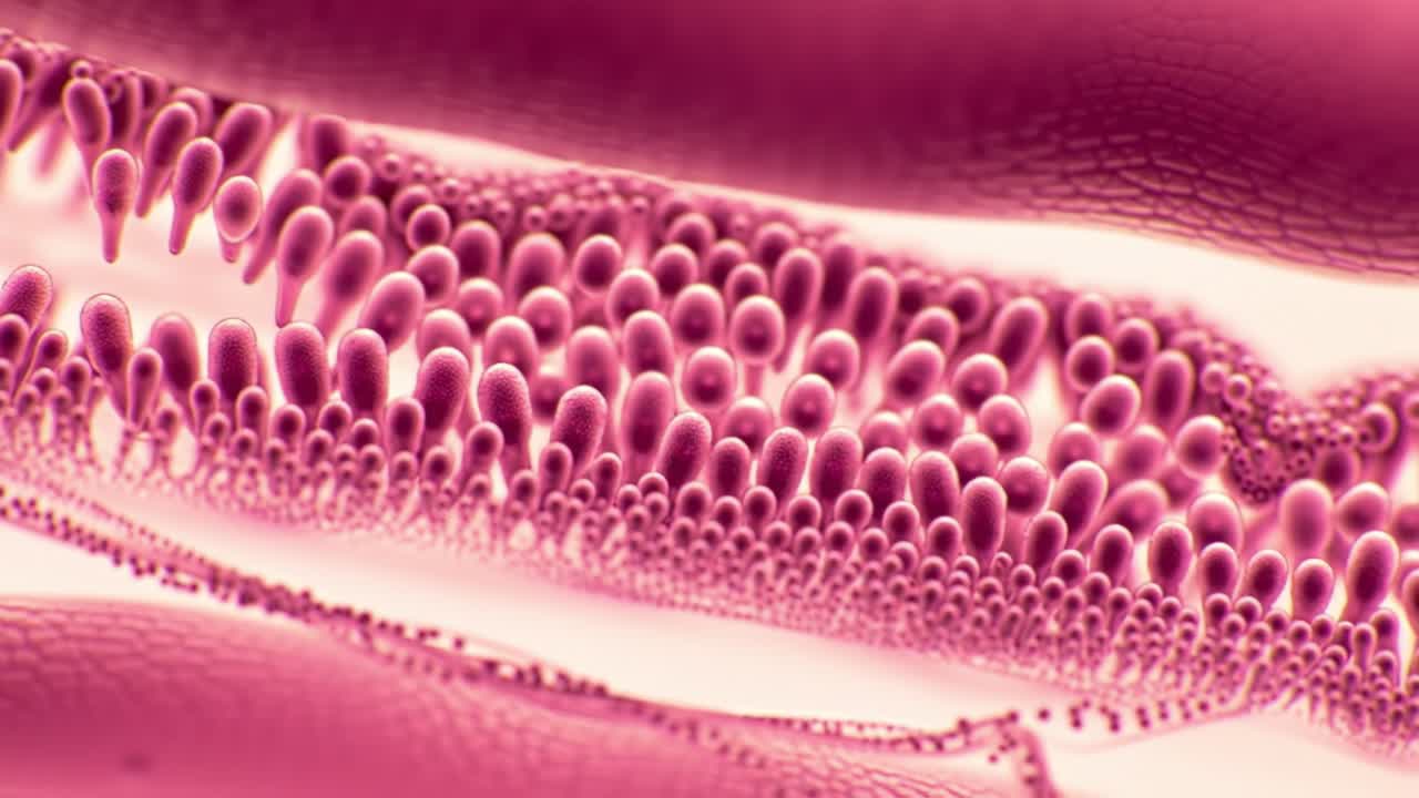 Microscopic Examination of Cellular Structures Revealing Intricate Patterns and Textures Under High Magnification with a Rich Pink Hue