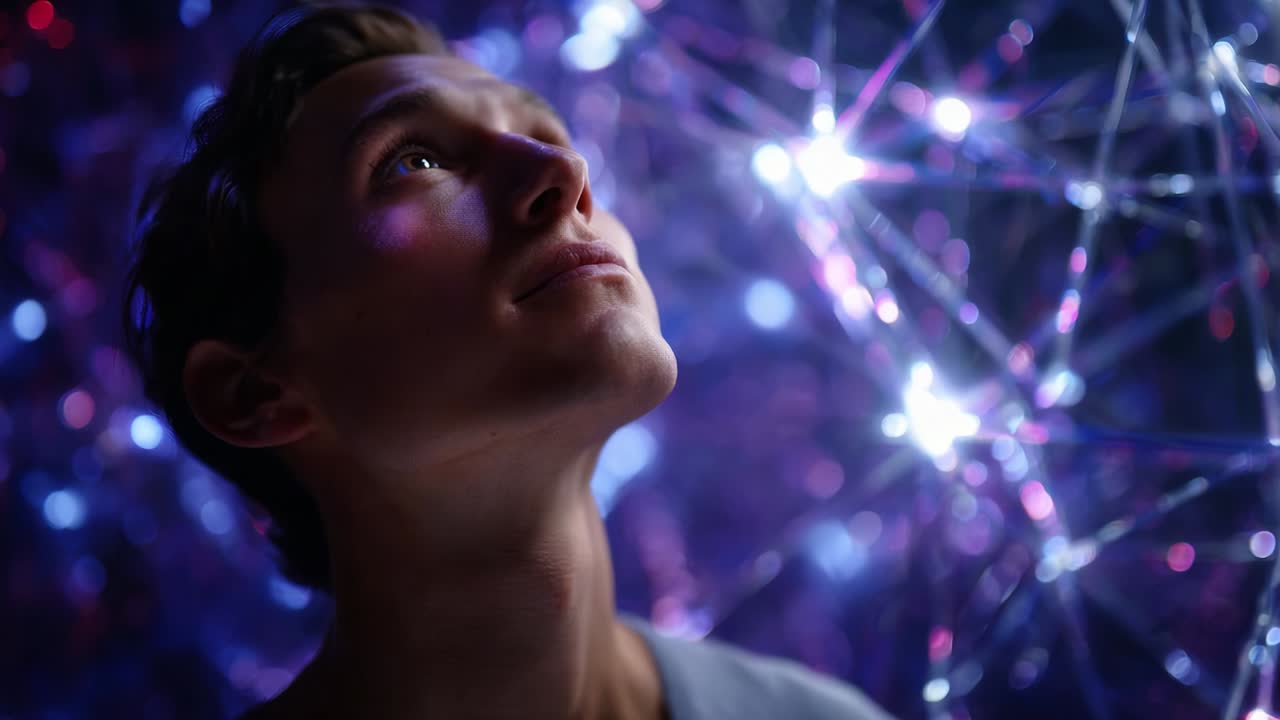 A Young Man Gazing Upwards in Wonder, Illuminated by a Dreamlike Array of Dazzling Lights and Ethereal Connections, Capturing the Essence of Curiosity, Hope, and the Search for Knowledge in a Modern World